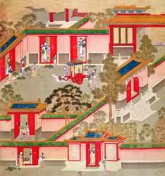 Kaiser Wu Ti (156-87, r.141-87 v. Chr.) verlässt seinen Palast, aus einer Geschichte der chinesischen Kaiser