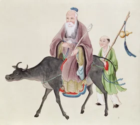 Lao-Tzu (ca. 604-531) auf seinem Büffel, gefolgt von einem Schüler