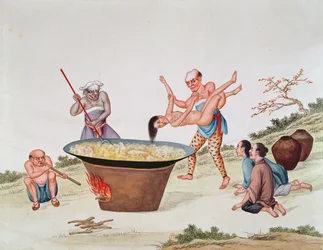 Eine Frau in kochendes Wasser tauchen