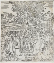 Johannes der Täufer predigt, Platte aus Giulio Alenis Tianzhu jiangsheng zhuxiang jingjie (Eine illustrierte Geschichte des Herrn des Himmels, der Fleisch geworden ist), Jinjiang Kirche, Provinz Fujian