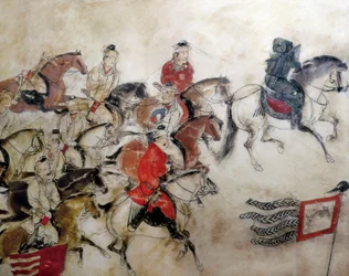 Grab des Prinzen Zhanghuai, Jagdszene mit Pferden, Xian, Han-Periode, 706 (Wandmalerei)