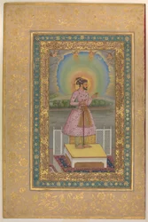Shah Jahan auf einer Terrasse, hält ein Medaillon mit seinem Porträt, Folio aus dem Shah Jahan Album, recto: 1627-28