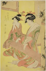 Schönheiten parodieren die sieben Weisen - Eine Auswahl jüngerer Kurtisanen (Shichi kenjin yatsushi bijin shinzo zoroe): Miyagawa vom Matsubaya