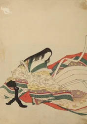 Vor einem schwarzen Tisch sitzende Hofdame, Tafel aus dem Album: Nishiki-zuri onna sanju rokkasen e-zukushi