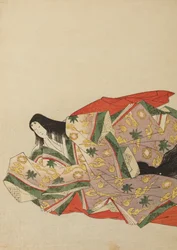 Sitzende Hofdame in einem hellvioletten Gewand mit grünem und gelbem Muster, Tafel aus dem Album: Nishiki-zuri onna sanju rokkasen e-zukushi