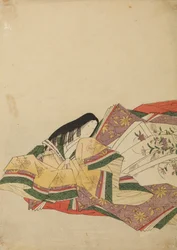 Sitzende, nach links gewandte Hofdame, Tafel aus dem Album: Nishiki-zuri onna sanju rokkasen e-zukushi
