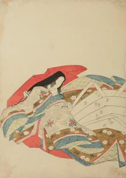 Sitzende, nach links gewandte Hofdame, Tafel aus dem Album „Nishiki-zuri onna sanju rokkasen e-zukushi“