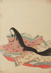 Sitzende, nach links gewandte Hofdame in einem lilarosa Gewand, Tafel aus dem Album „Nishiki-zuri onna sanju rokkasen e-zukushi“