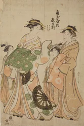 Oiran Katsugano aus dem Haus Kadotama-ya mit Begleiterin und zwei Kamuro