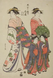 Die Oiran Mitsuhana aus dem Freudenhaus Obishi-ya mit einer Gefährtin und den beiden Kamuro Kikuchi und Kikuno