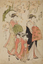 Oiran Renzan aus dem Haus Tawaraya mit Begleiterin und zwei Kamuro Chidori und Tatsuta