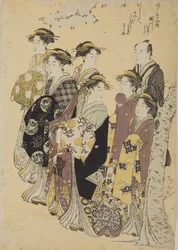 Sechs Oiran auf einem Spaziergang mit einem Mädchen und einem Mann