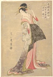 Takigawa aus dem Bordell Ōgiya: Der erste Empfangszimmertermin des neuen Jahres (Hatsu-uri zashiki no zu: Ōgiya Takigawa), aus der Serie Vergleich ausgewählter Schönheiten der Vergnügungsviertel (Seirō bisen awase)