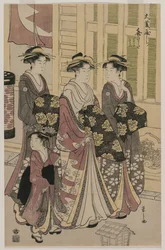 Die Kurtisane Kisagata von Ohishiya, die nachts mit zwei Shinzo und einer Kamuro spazieren geht, um 1790