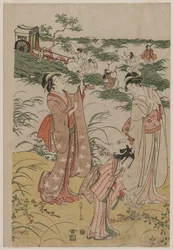 Frauen jagen Grillen in einer herbstlichen Heidelandschaft, frühe 1790er Jahre.