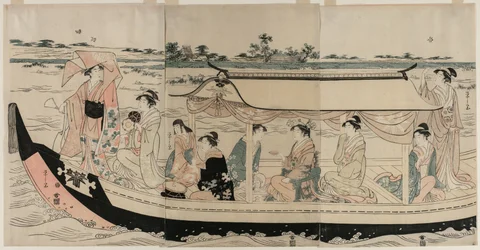 Frauen in einem Vergnügungsboot auf dem Sumida-Fluss