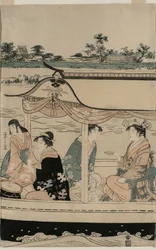 Frauen in einem Vergnügungsboot auf dem Sumida-Fluss