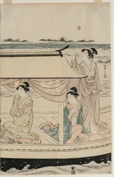 Frauen in einem Vergnügungsboot auf dem Sumida-Fluss