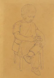 Der Sohn des Künstlers Peter, Ganzfigur, sitzend mit einem Tier oder Spielzeug