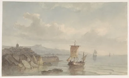 Küstenlandschaft mit Hafen und Schiffen auf dem Wasser
