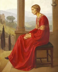 Eine Frau in einem roten Kleid, die auf einer Terrasse in einer italienischen Landschaft sitzt