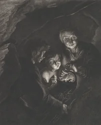 Nachtszene in einer Höhle mit einer alten Frau, die glühende Kohlen in einem Topf hält, ein Junge bläst..., ca. 1750-57