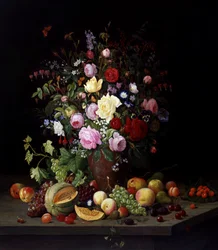 Stillleben mit Blumen und Früchten. Gemälde von Christian Mollback (1853-1921) Privatsammlung