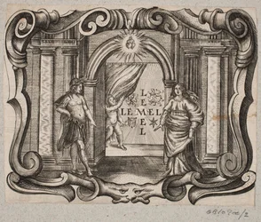Emblem mit Portal, Mann und Frau, Amor und zwei brennenden Herzen