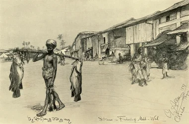 Straßenszene in einem Fischerdorf, Mutwal, Ceylon, 1898