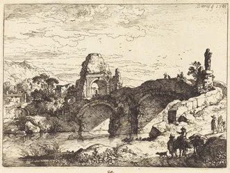 Landschaft mit einer Brücke und einem Turm in Ruinen
