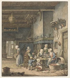 Interieur mit Bauernfamilie um den Tisch