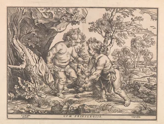 Christuskind und Johannes der Täufer spielen mit dem Lamm