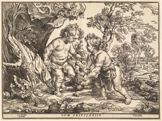 Das Jesuskind und der heilige Johannes spielen mit dem Lamm