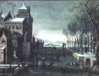 Eine Winterlandschaft mit Figuren, die bei einer Burg auf einem Wassergraben Schlittschuh laufen