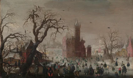 Eine Winterlandschaft mit Schlittschuhläufern und einem imaginären Schloss, ca. 1615-20