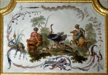 Straußenjagd-Panel des großen Wohnzimmers des Schlosses von Feldern auf Marl. Wanddekor gemalt von Christophe Huet