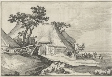 Bauernhof und Hirte mit Schafen und Ziege