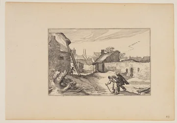 Ein Dorf, Leiter an Haus auf der linken Seite, aus Landschaften (Verscheyden aerdige Lanthuysen...)