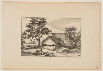 Scheunen, Ruhende Herde und Hund im Vordergrund, aus Landschaften (Verscheyden aerdige Lanthuysen...)