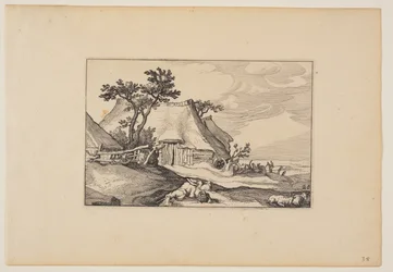 Scheunen, Ruhender Mann mit Eierkorb im Vordergrund, aus Landschaften (Verscheyden aerdige Lanthuysen...)