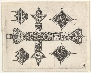 Schwarzarbeit-Druck mit einem lateinischen Kreuz und vier Motiven, ca. 1620