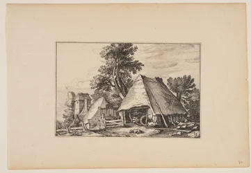 Bauernhof mit Schuppen für einen Wagen, aus Landschaften (Verscheyden aerdige Lanthuysen...)