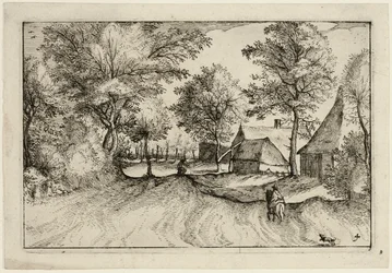 Dorfstraße, Platte vier nach Bilder von Bauernhöfen, Landhäusern und rustikalen Dörfern (Praediorum villarum et rusticarum casularum icones)