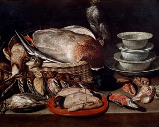 Stillleben mit Vögeln, Muscheln und Keramik