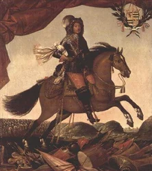 Reiterporträt eines Generals, Trophäe von Waffen im Vordergrund und Kavallerie dahinter