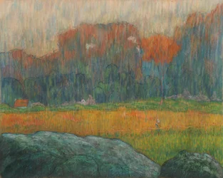 Landschaft mit Figur und Häusern, ca. 1891