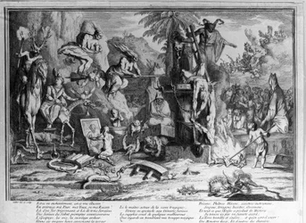 Sabbatzeremonien, tanzende Dämonen, Hexen und monströse Kreaturen. Kupferstich von Gillot