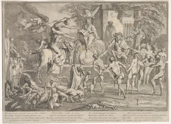 Hexensabbat in einer nächtlichen Landschaft, ein Nekromant oben in der Mitte sitzend, ca. 1700-1720
