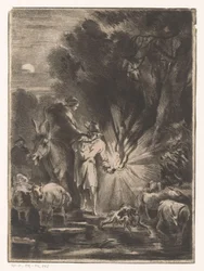 Nächtliche Landschaft mit Hirte und Hirtin an einem Bach