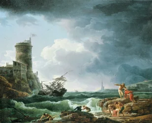 Ein Sturm mit Schiffbruch bei einer Festung, ein Schiffbrüchiger im Vordergrund, 1769